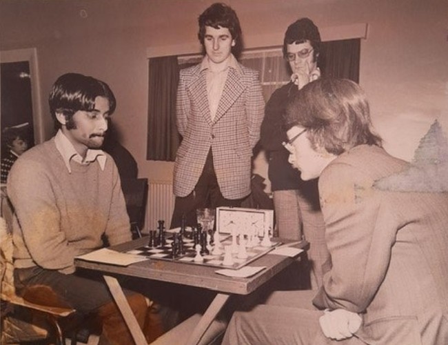 Paud O'Reilly and Rick Lewis watching Sai Prakash winner of the second Cavan Crystal Chess Congress in 1973